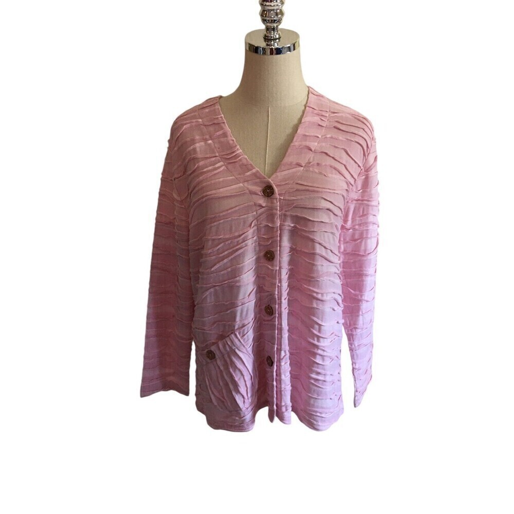 Focus Top Women's Size Large Pink Textured Button Up Long Sleeve Pockets